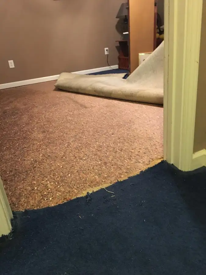 Carpet pad removal revealing water damage during Drying & Dehumidification in West Greenwich